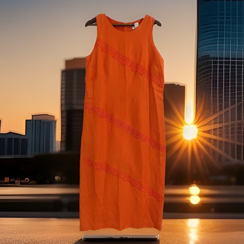 READ Studio C Dress‎ Womens 16 Orange Linen Blend Sleeveless Sheath Embroidered